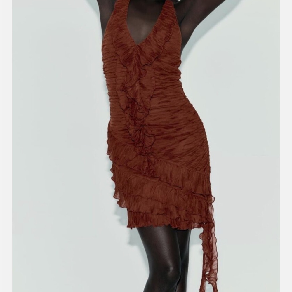 Zara Brown Ruffle Pleated Halter Mini Dress - Picture 2 of 9